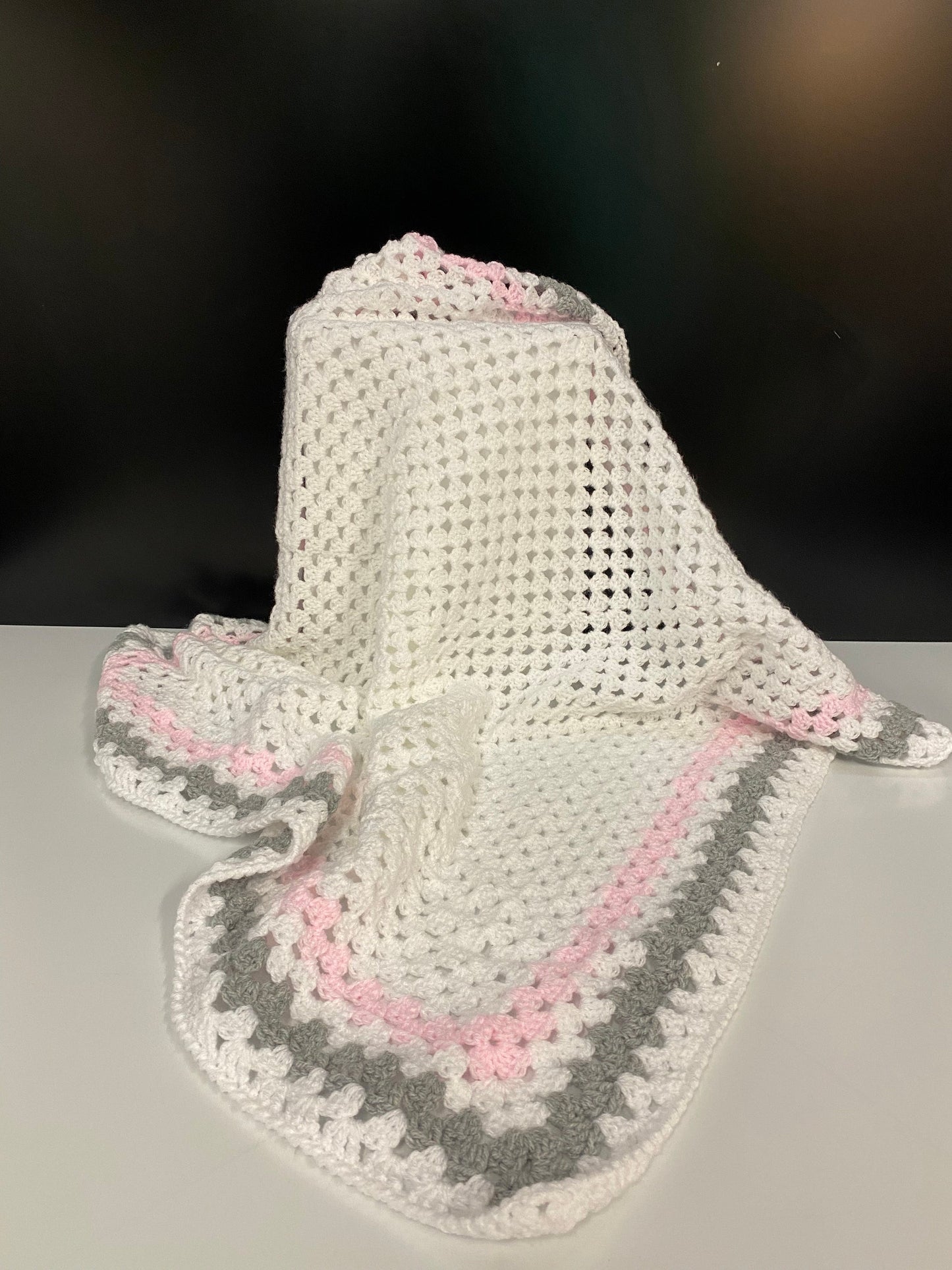 Crochet Baby Blanket - White, Pink and Grey