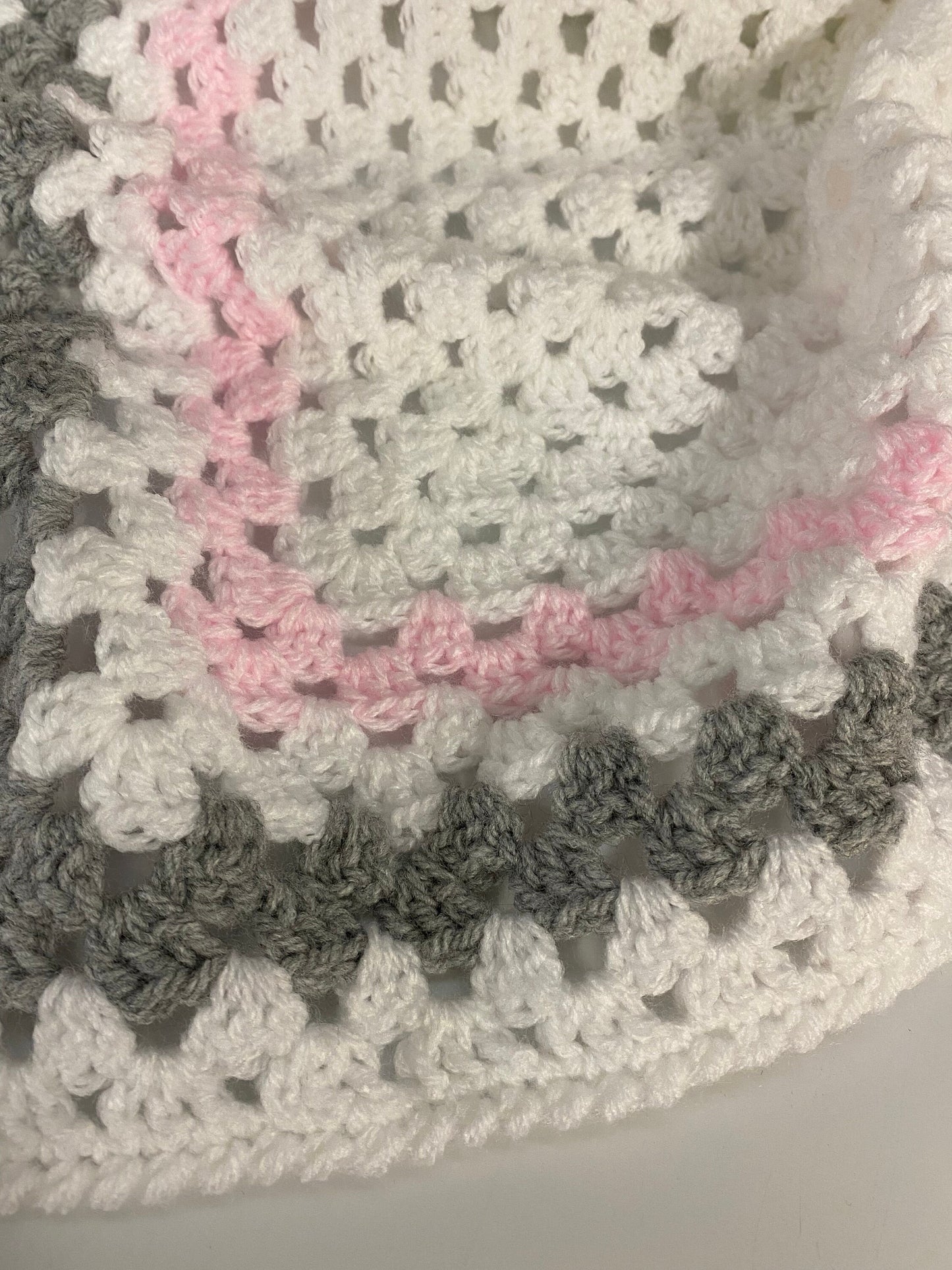 Crochet Baby Blanket - White, Pink and Grey