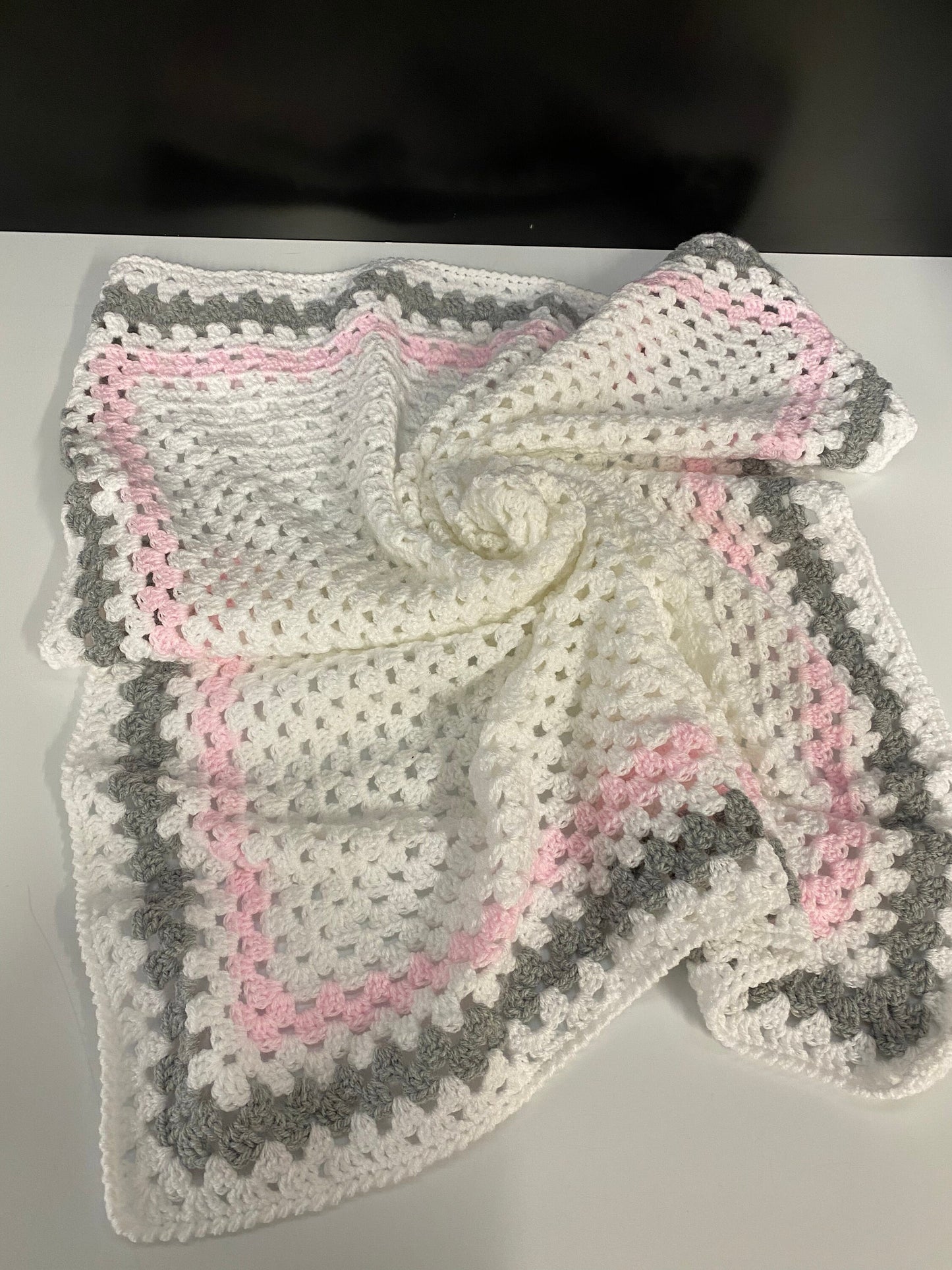 Crochet Baby Blanket - White, Pink and Grey
