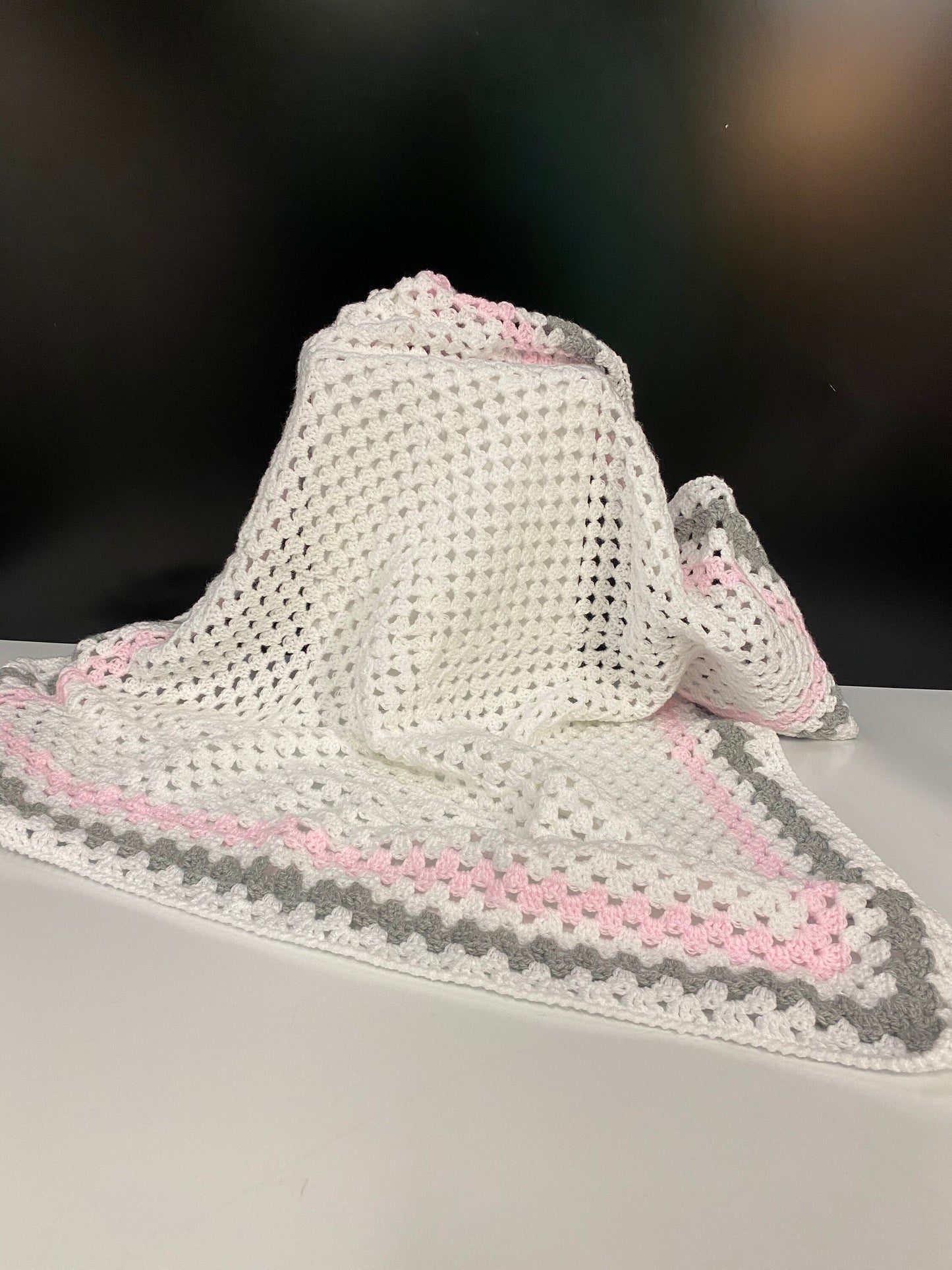 Crochet Baby Blanket - White, Pink and Grey