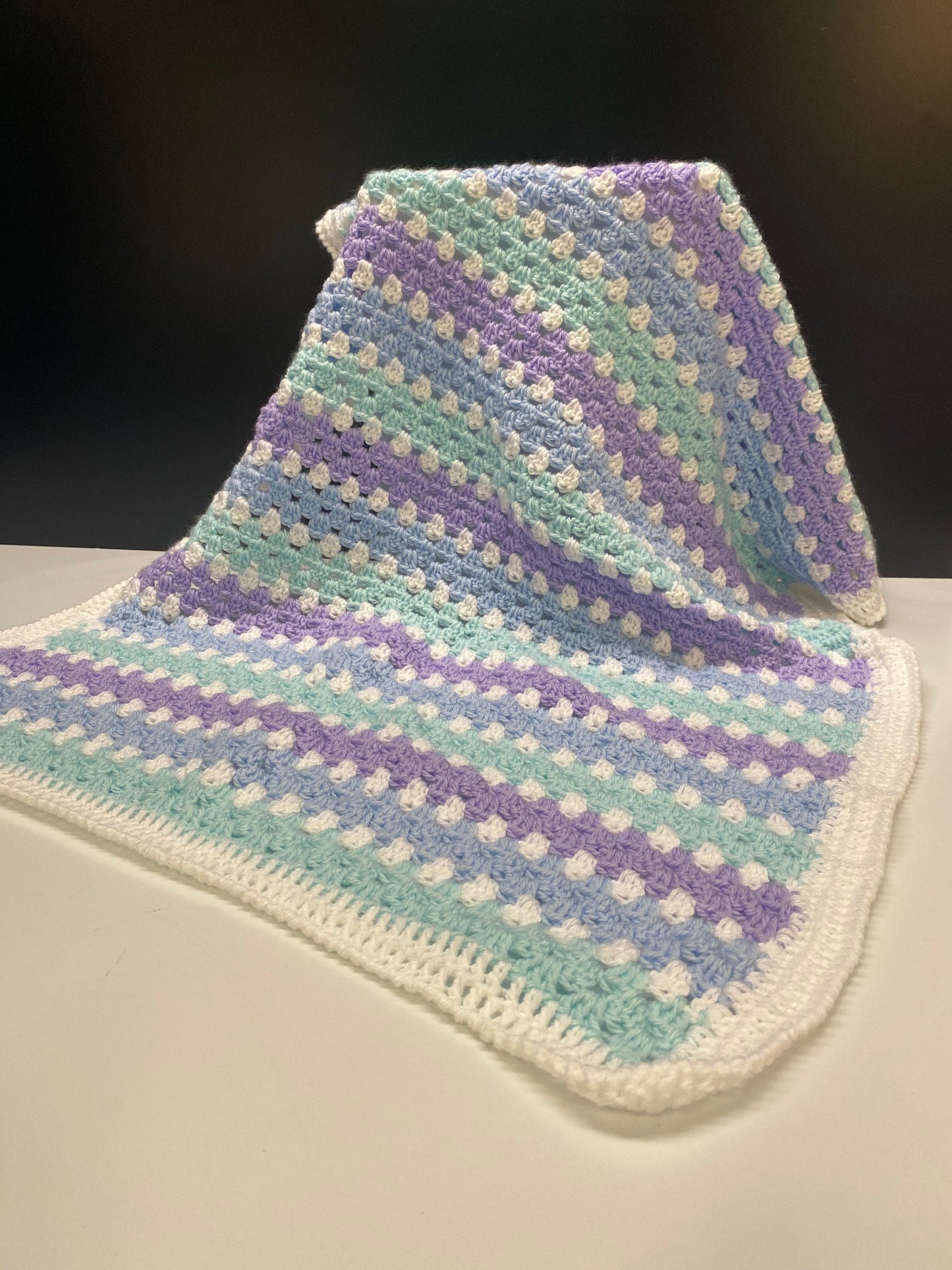 Soft Crochet Baby Blanket - Lilac, Turquiose, Blue and White