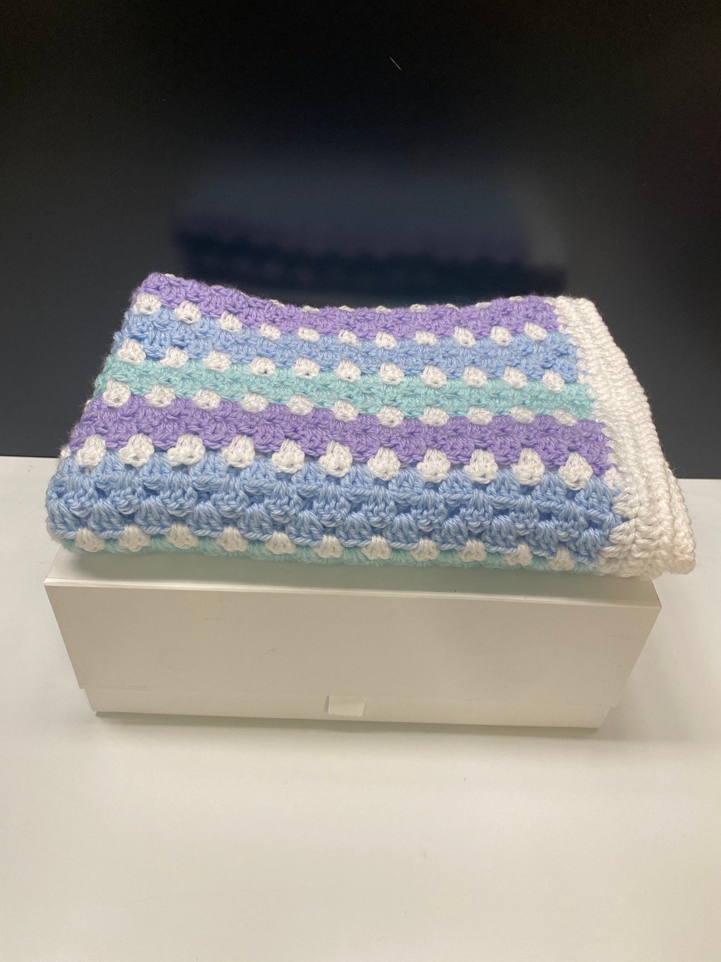 Soft Crochet Baby Blanket - Lilac, Turquiose, Blue and White