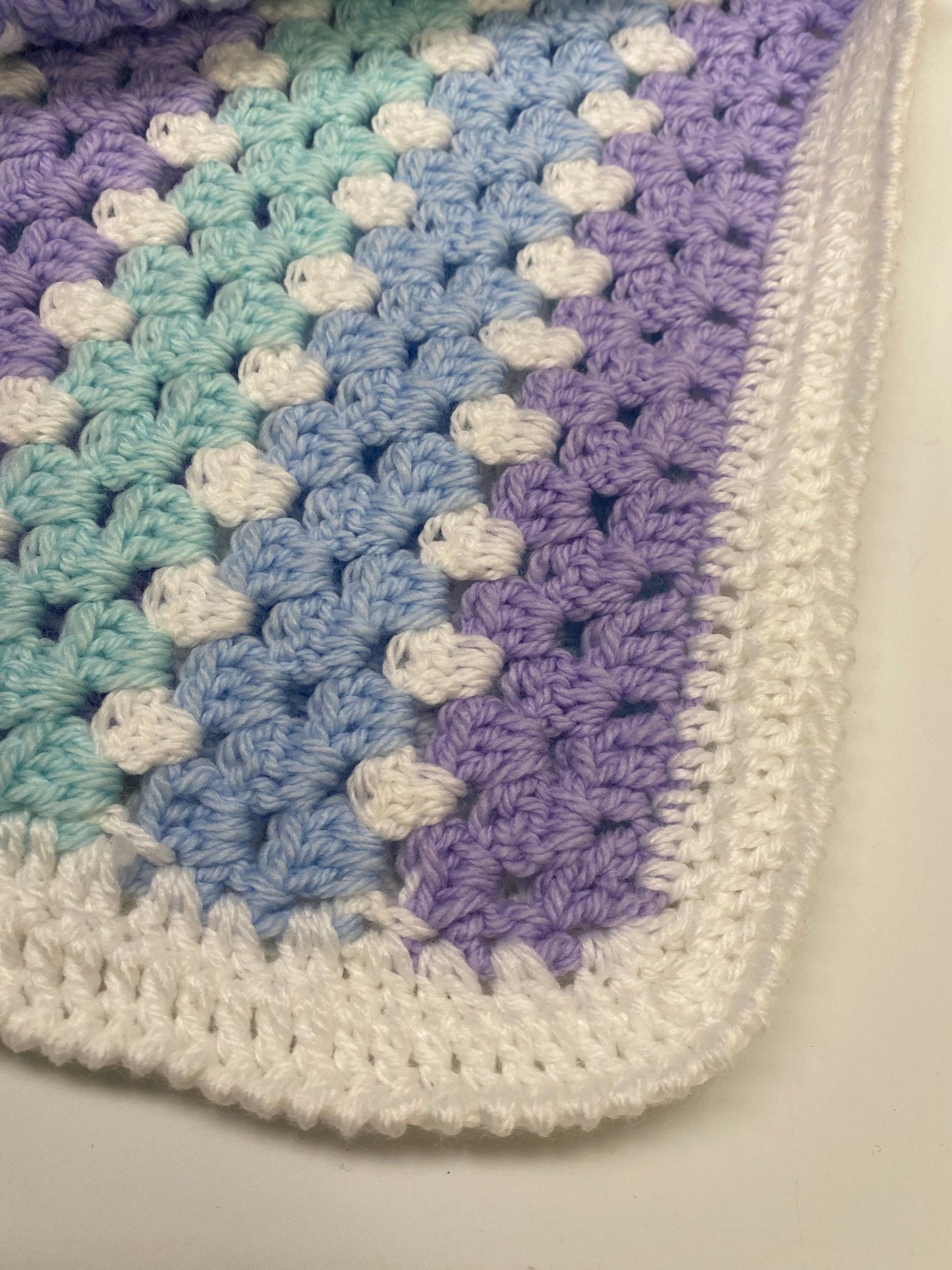 Soft Crochet Baby Blanket - Lilac, Turquiose, Blue and White