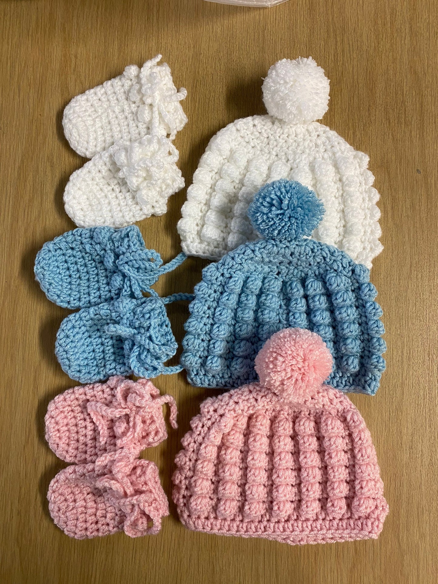 Handmade Baby Bobble Hat and Mittens Sets