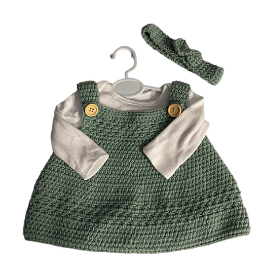 Baby Crochet Dress and Headband - Sage