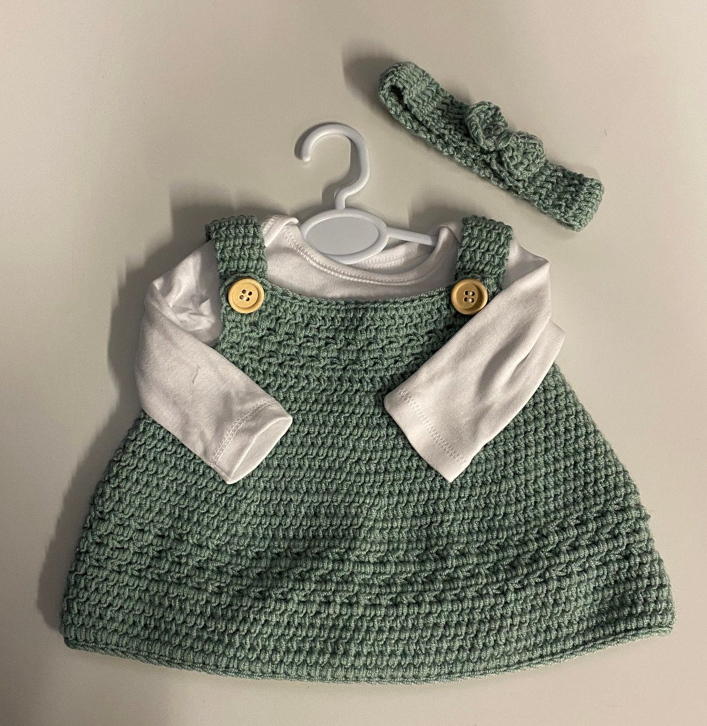 Baby Crochet Dress and Headband - Sage